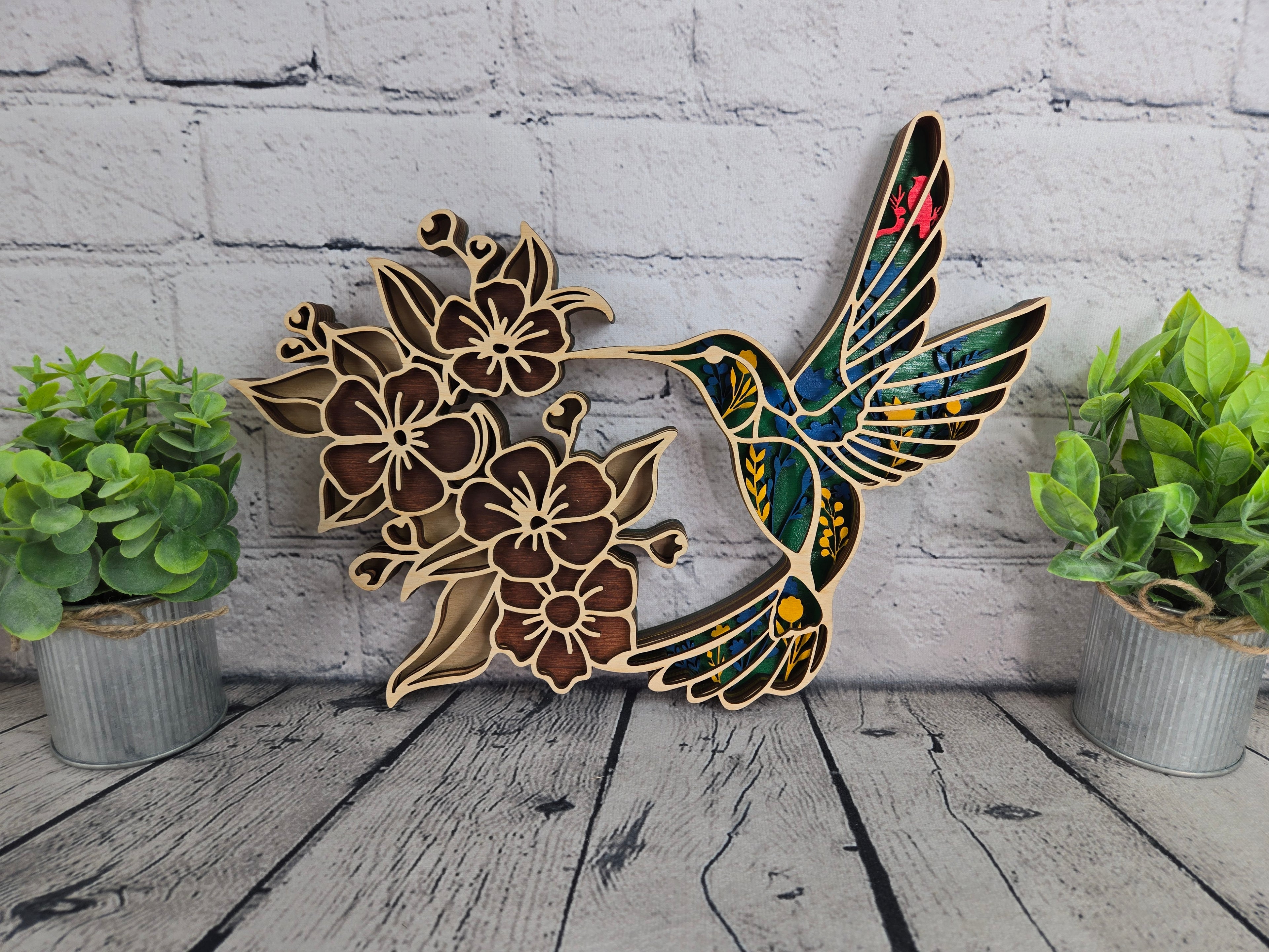 7-Layer Hummingbird & Floral Wood Wall Art | 3 Sizes Available