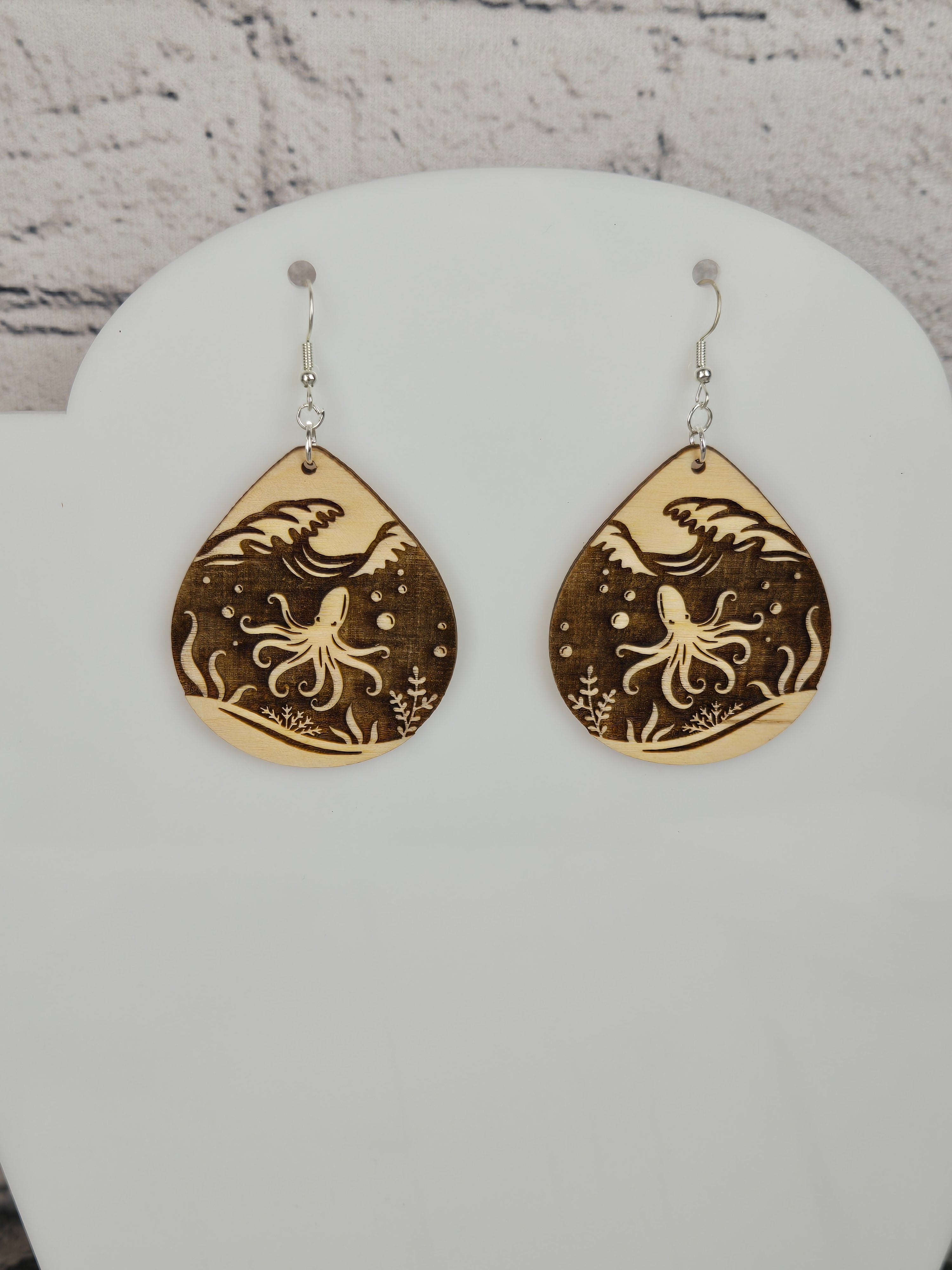 Handcrafted Ocean Scene Wood Earrings