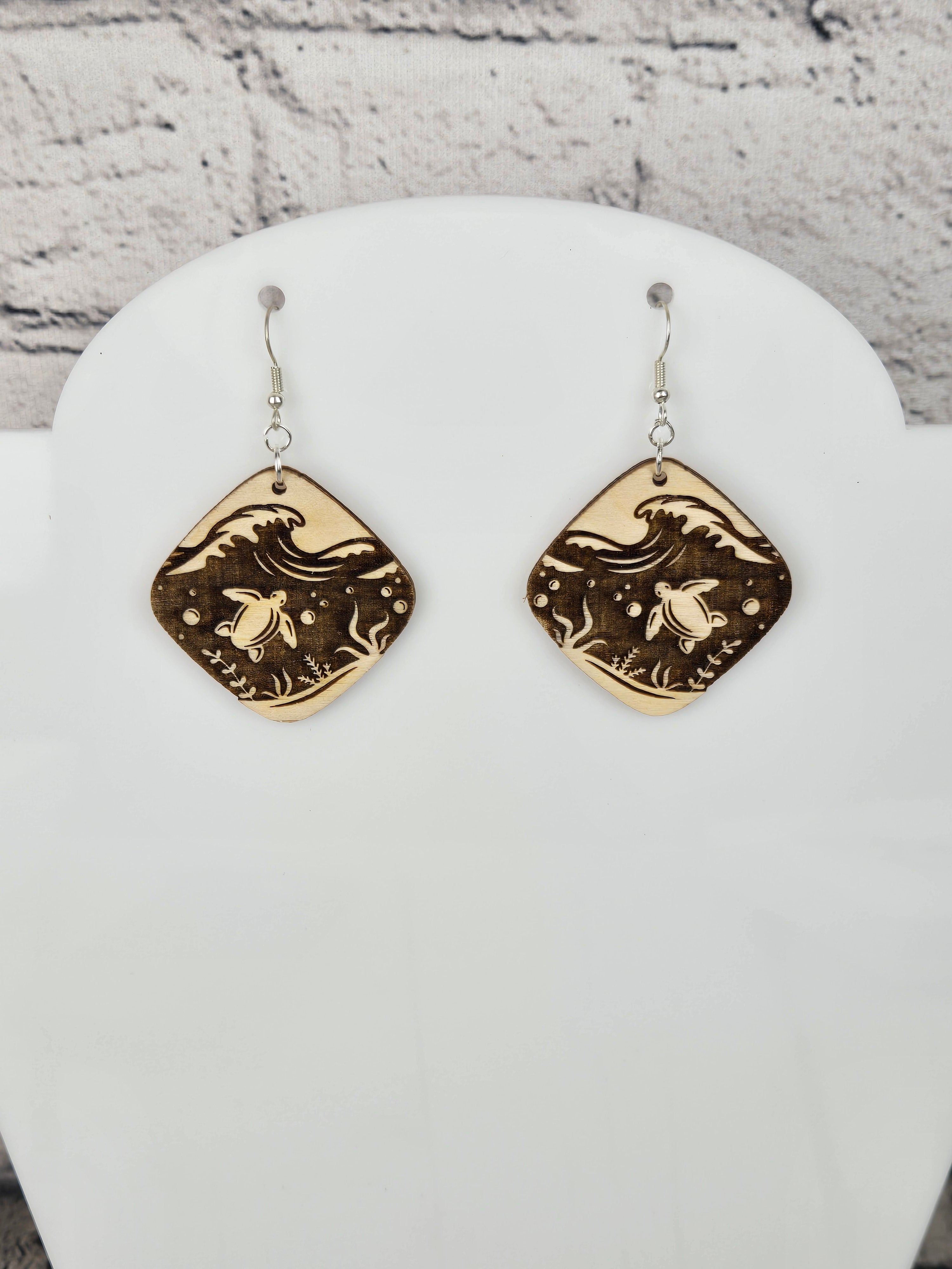 Handcrafted Ocean Scene Wood Earrings