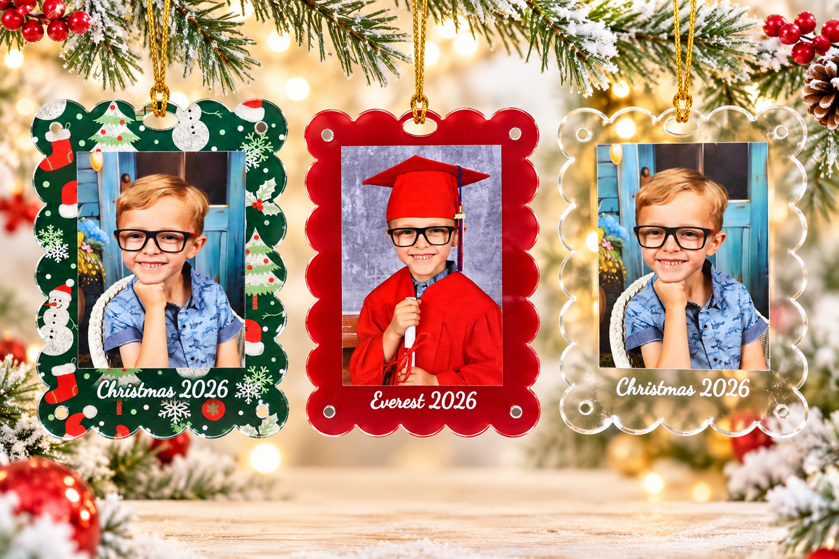 Scalloped acrylic photo frame ornaments in Christmas pattern, red, and clear, displaying portrait photos on a Christmas tree.