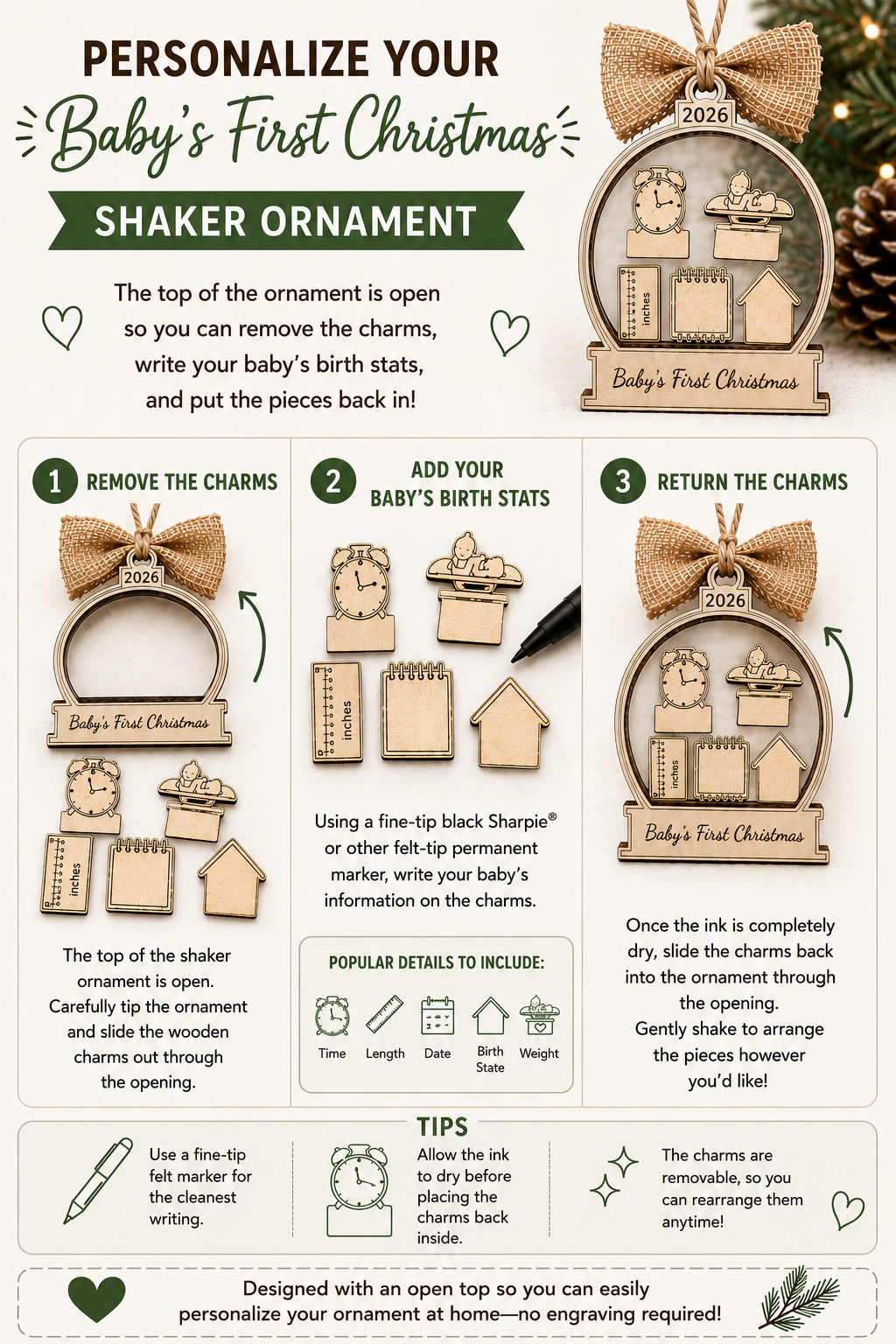 Baby's First Christmas Keepsake Ornament | Interchangeable Stat Charms | 2026